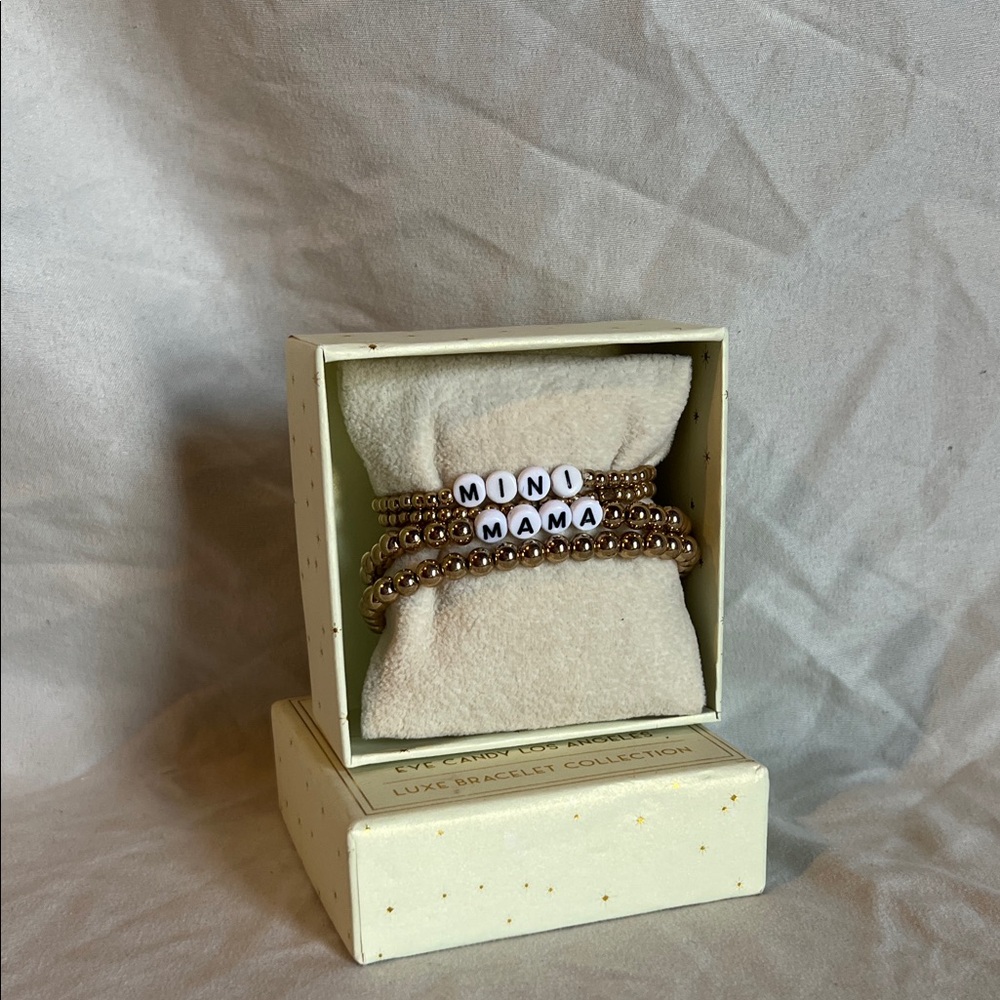 "Mini Mama" Gold Beaded Stretch Bracelet Set